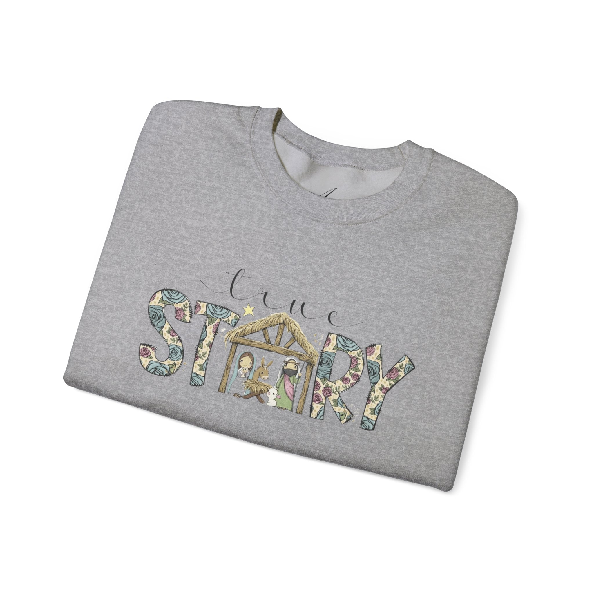 Crewneck Sweatshirt "Come Story" Floral Nativity Design  Cozy Christmas Pullover unique festive designs and joyful
