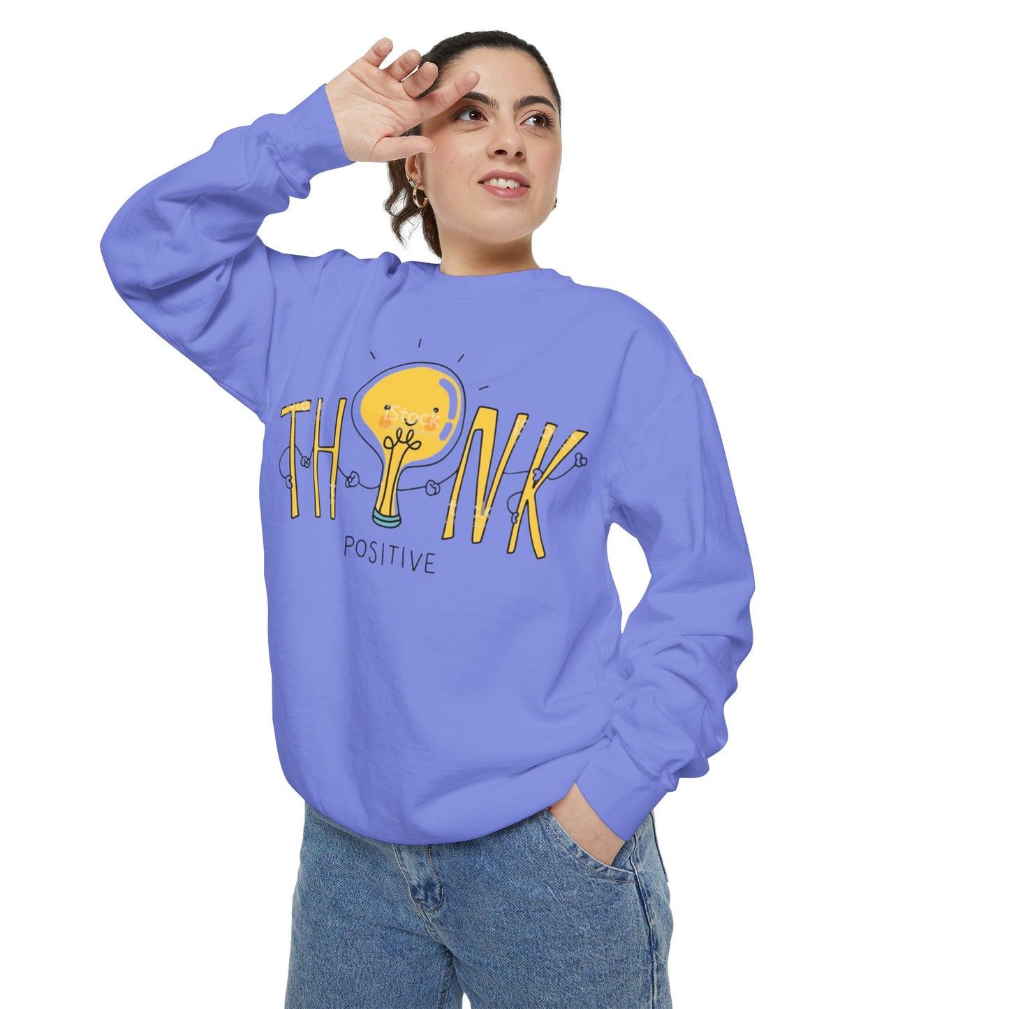 Think Positive Sweatshirt  Cute Lightbulb Graphic Positive Vibes Crewneck