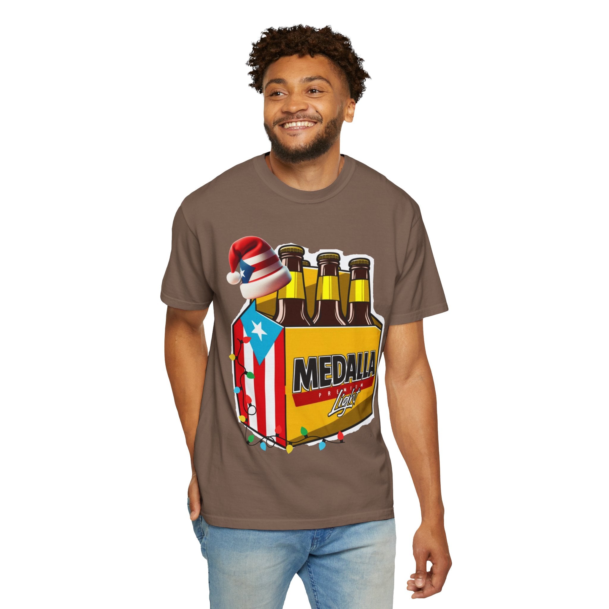 Medalla Light Beer T-Shirt  Navidad Boricua Holiday Tee Puerto Rico’s Navidades