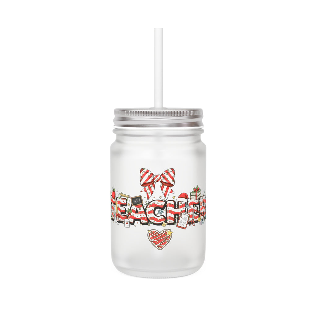 A festive Christmas Jar Tumbler for teachers who inspire hearts and minds all year long Cute Apple & Chalkboard School Design with Straw