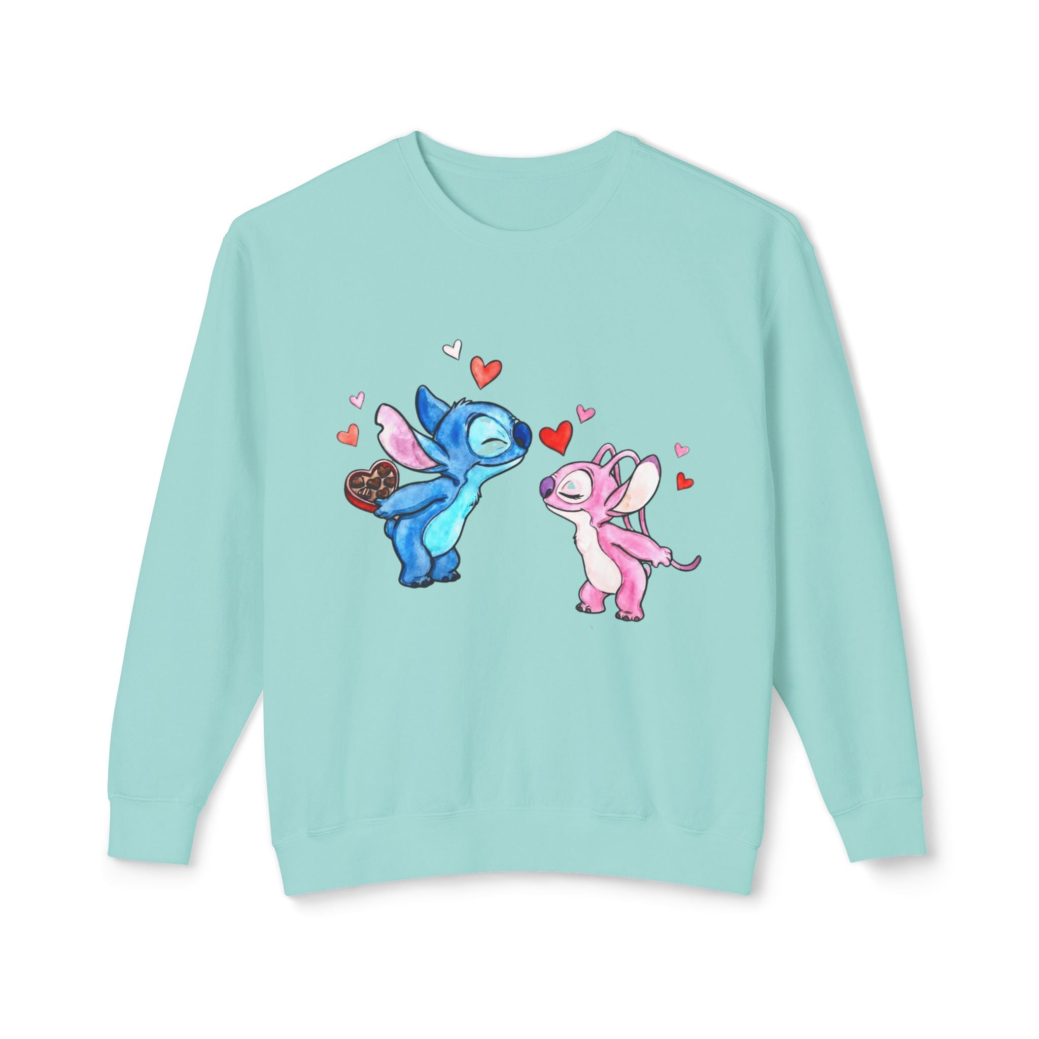 Cute Stitch Valentine Sweatshirt — Blue & Pink Love Characters with Hearts