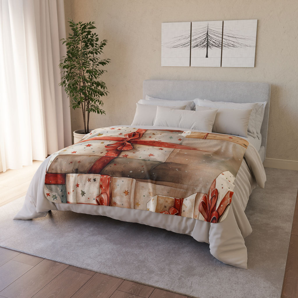 Holiday Gift Stack Fleece Sherpa Blanket — Cozy Christmas Presents Throw