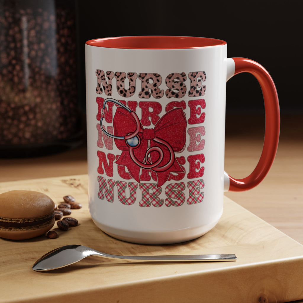 Nurse Stethoscope Bow Accent Coffee Mug — Cute Leopard & Plaid Healthcare Gift (11/15oz) Medical Christmas Mug