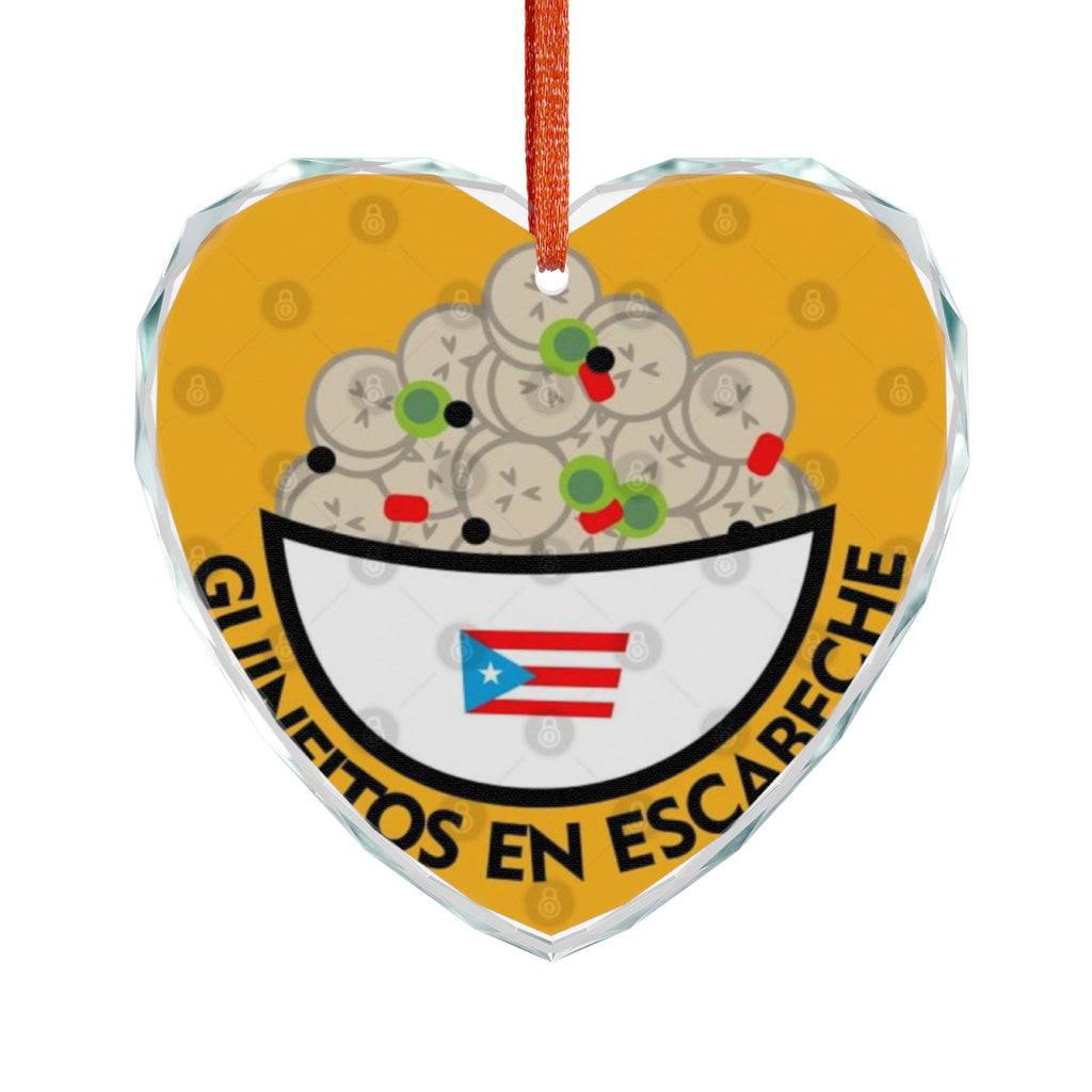 Heart-Shaped Crystal Glass Ornament - Puerto Rican Food Theme Feliz Navidad Boricua Glass Ornament