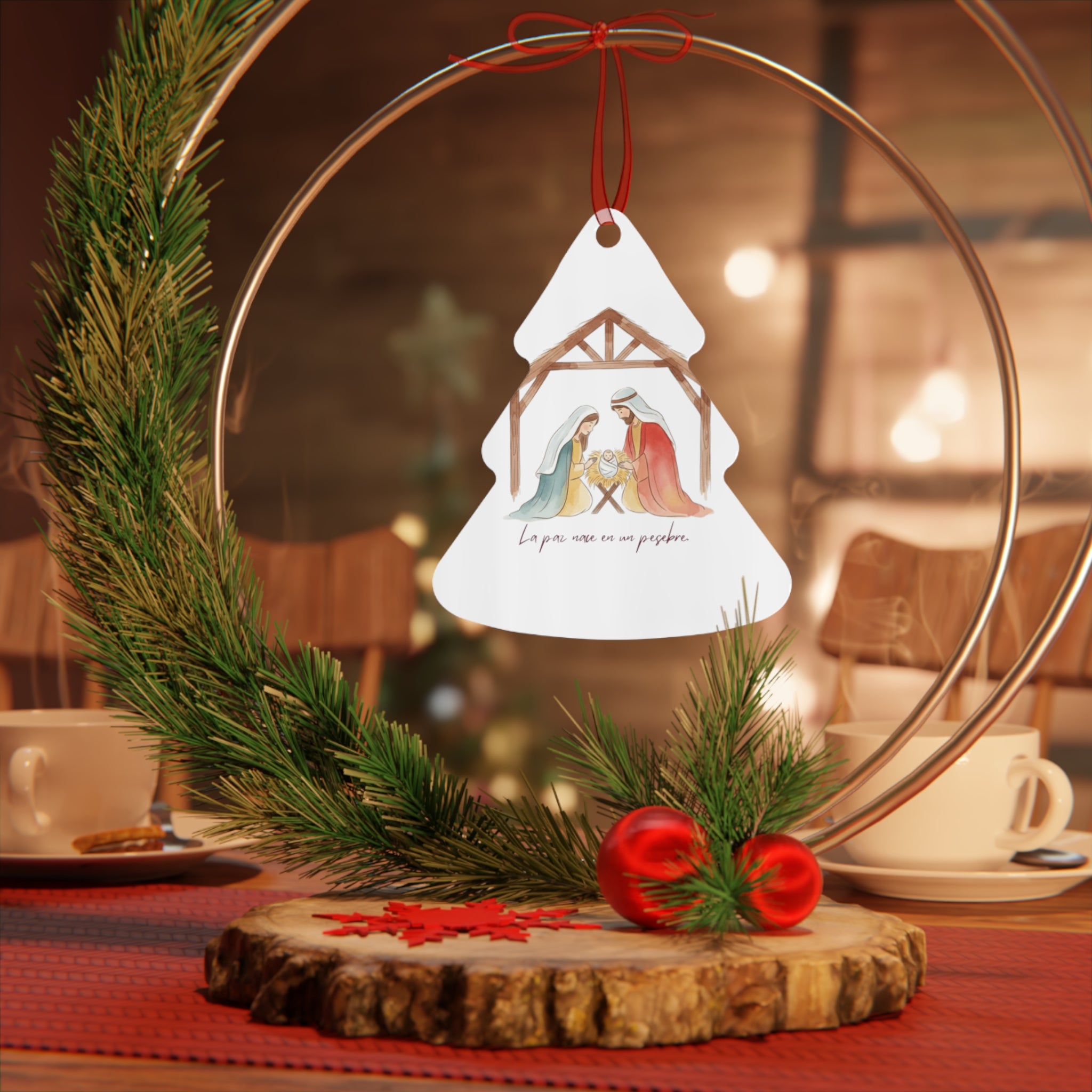 Nativity Metal Ornament — "La paz nace en un pesebre" Christmas Decoration