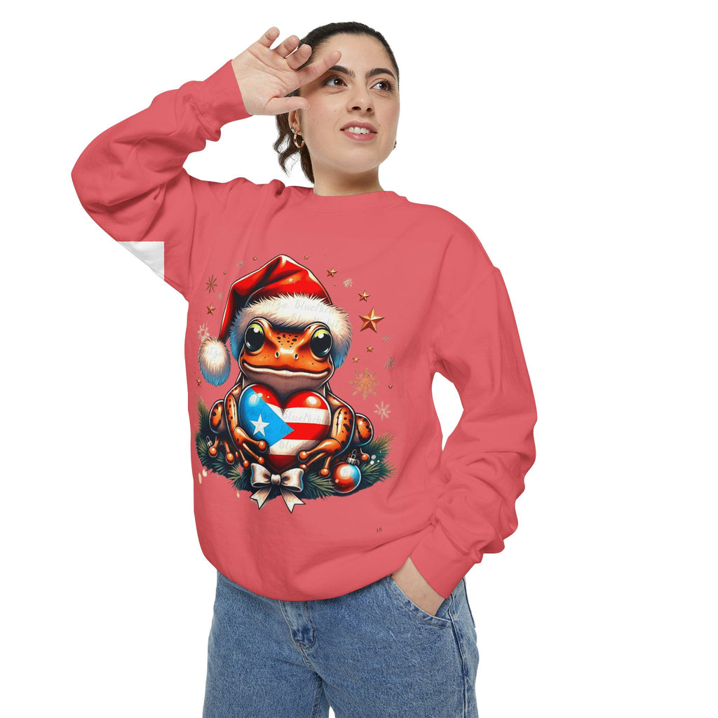 Christmas Coqui Sweatshirt — Cute Santa Frog Holding Ornament Holiday Sweater