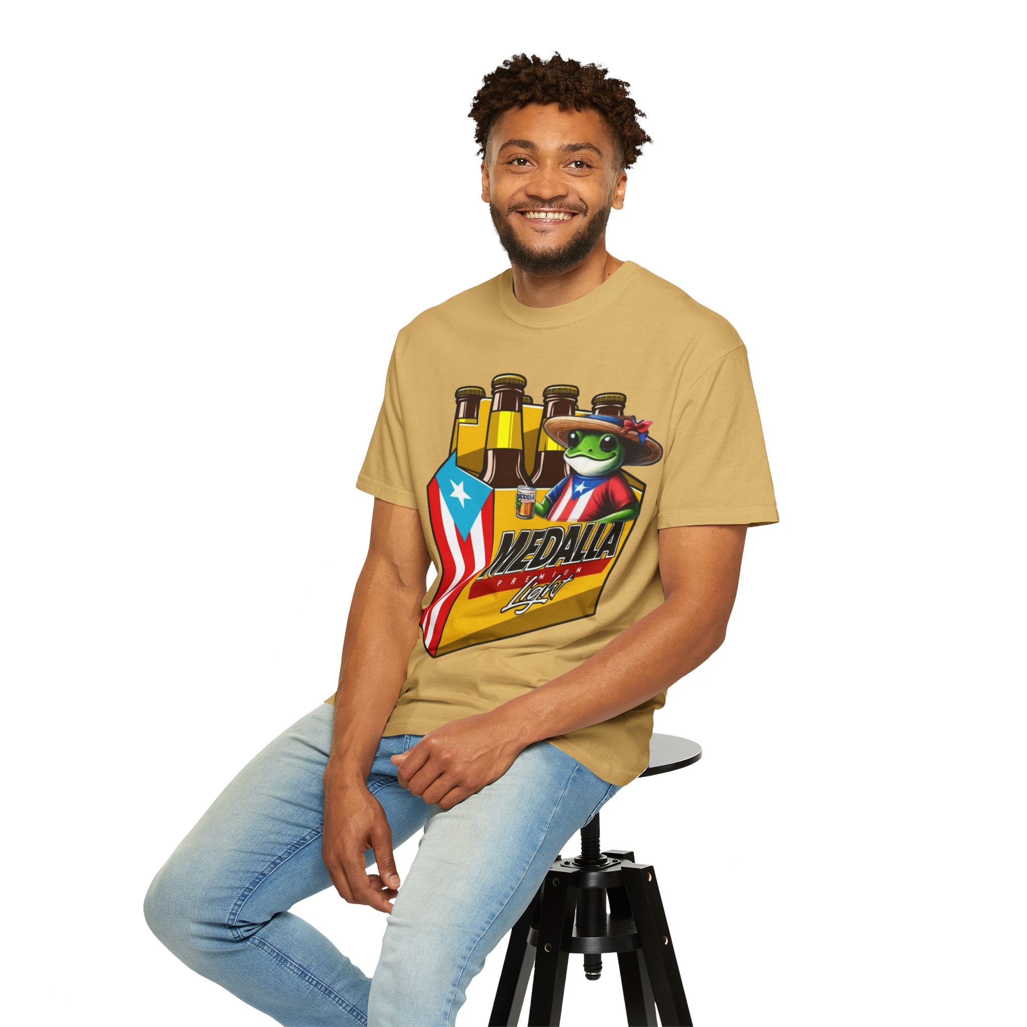 Medalla Light Puerto Rican Beer T-Shirt Coqui Frog Mascot Six-Pack Graphic Tee Puerto Rico’s Navidades