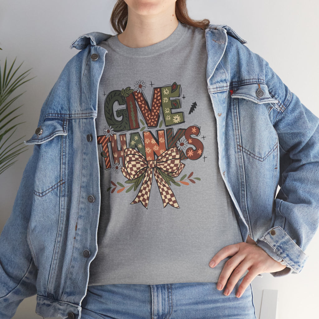 Give Thanks Tee Thanksgiving Graphic T-Shirt with Rustic Bow Design