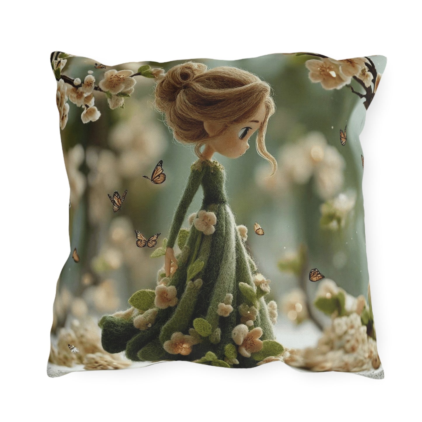 Spring Fairy Outdoor Pillow — Whimsical Girl with Butterflies Garden Decor