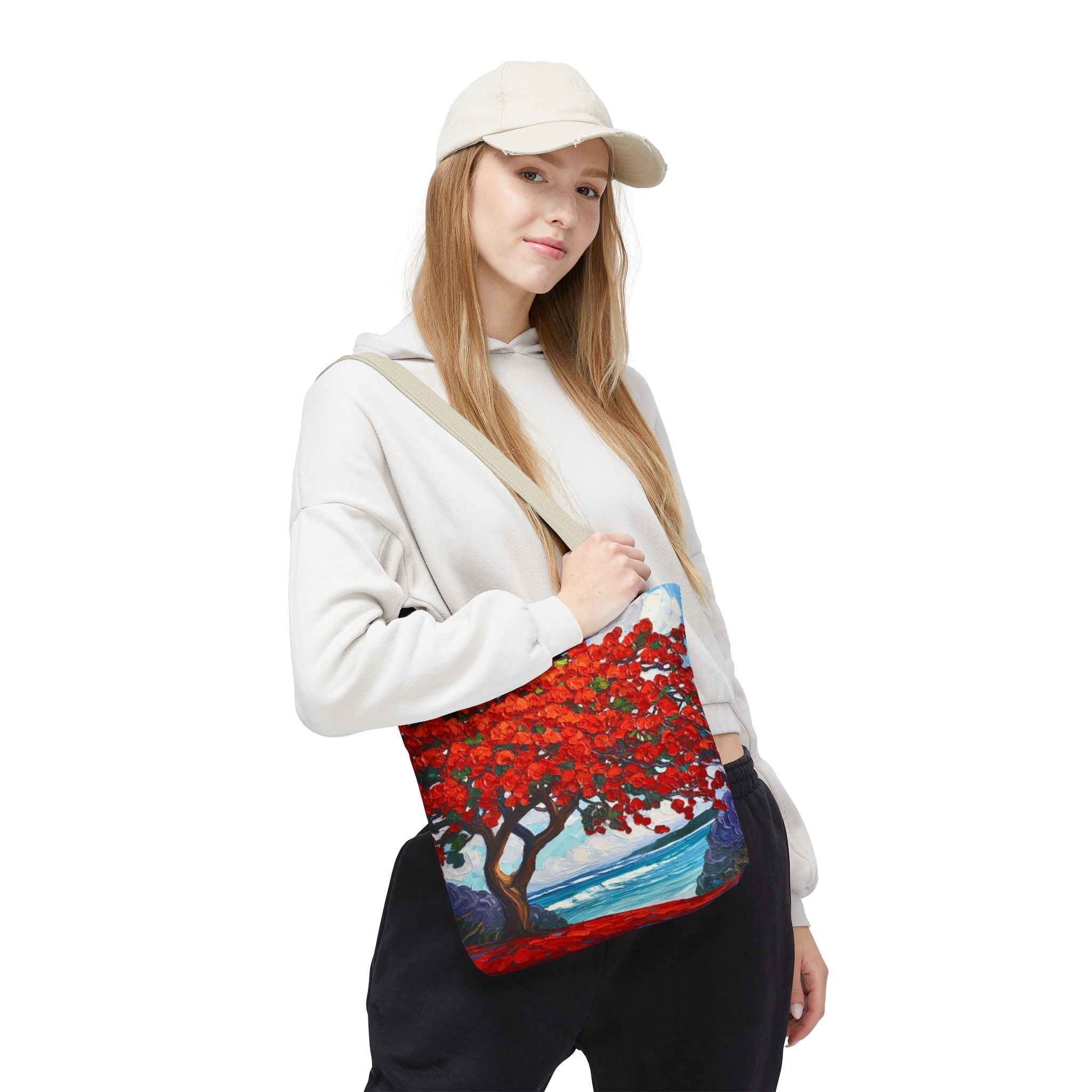 Red Blossom Beach Tote - Tropical Tree Art All-Over Print Tote Bag Crochet-Decorated Tote Bags