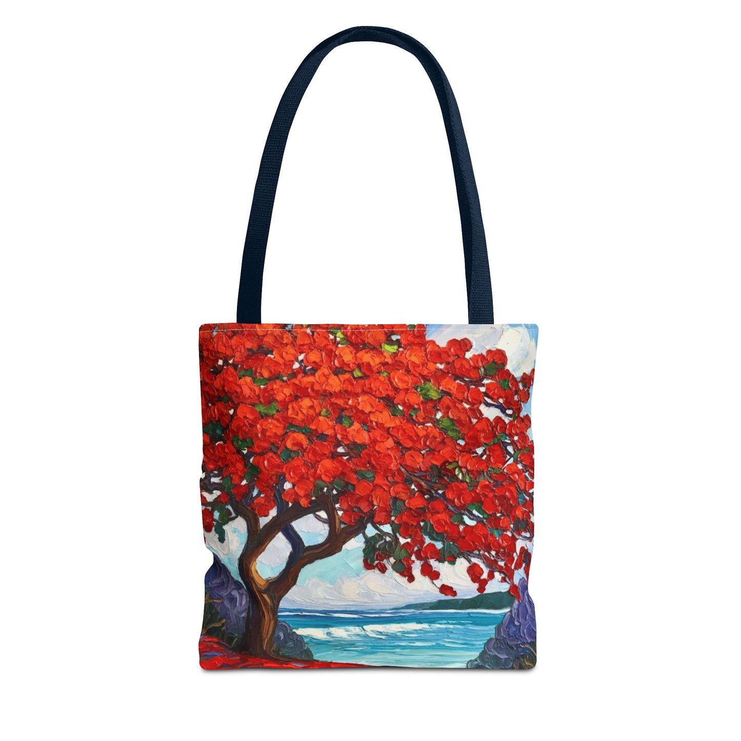 Red Blossom Beach Tote - Tropical Tree Art All-Over Print Tote Bag Crochet-Decorated Tote Bags