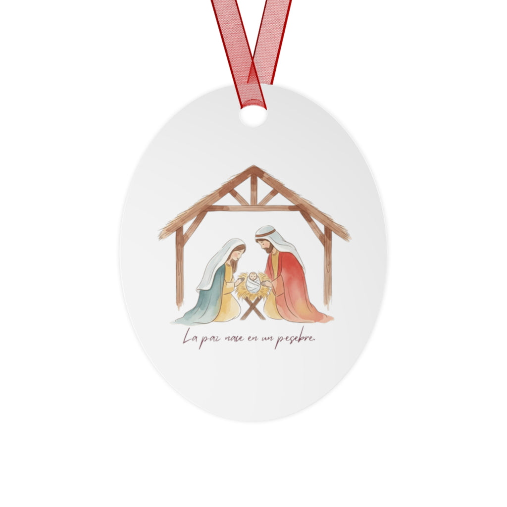 Nativity Metal Ornament — "La paz nace en un pesebre" Christmas Decoration