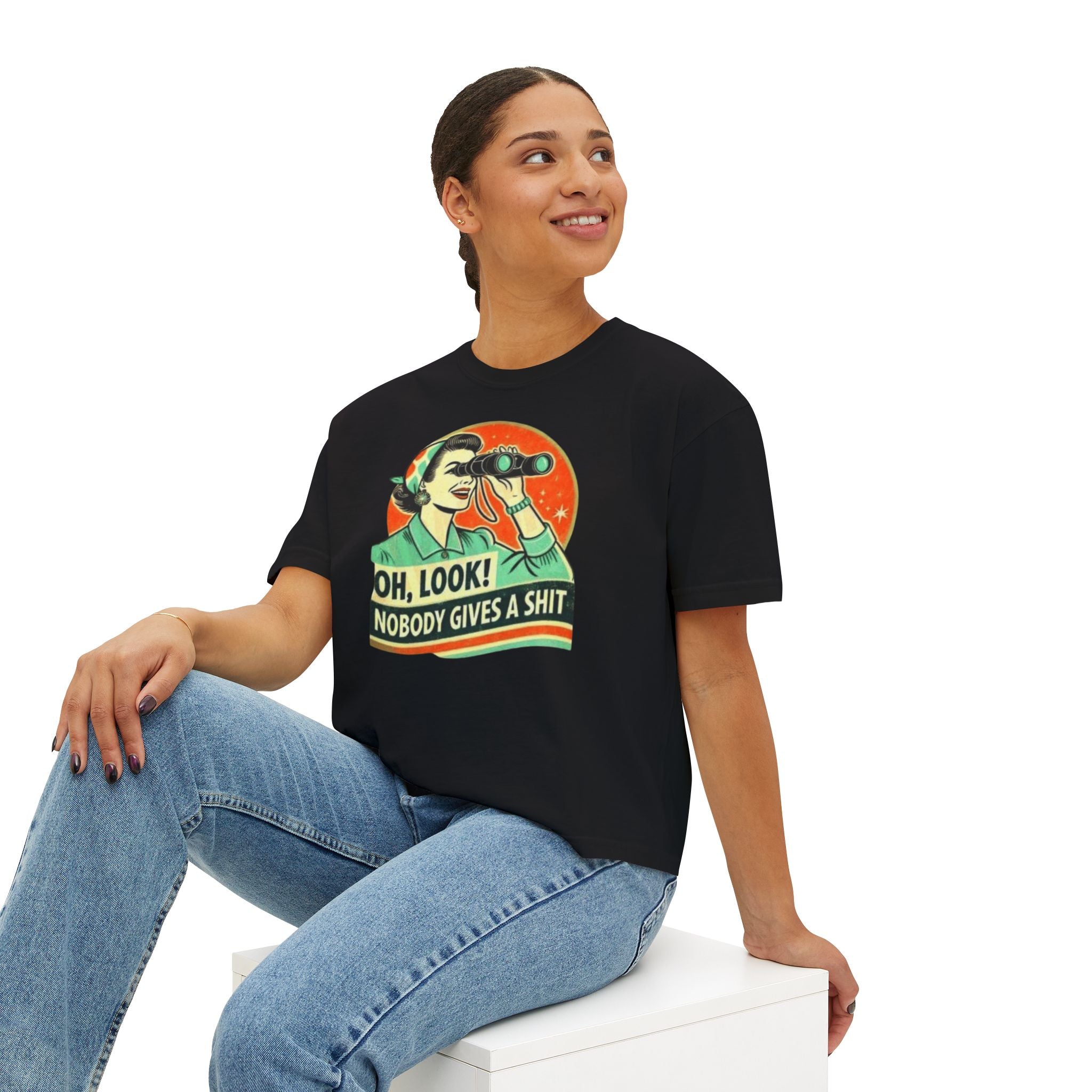 Graphic Tee — "Oh, Look! Nobody Gives a Shit" Retro Binoculars Design