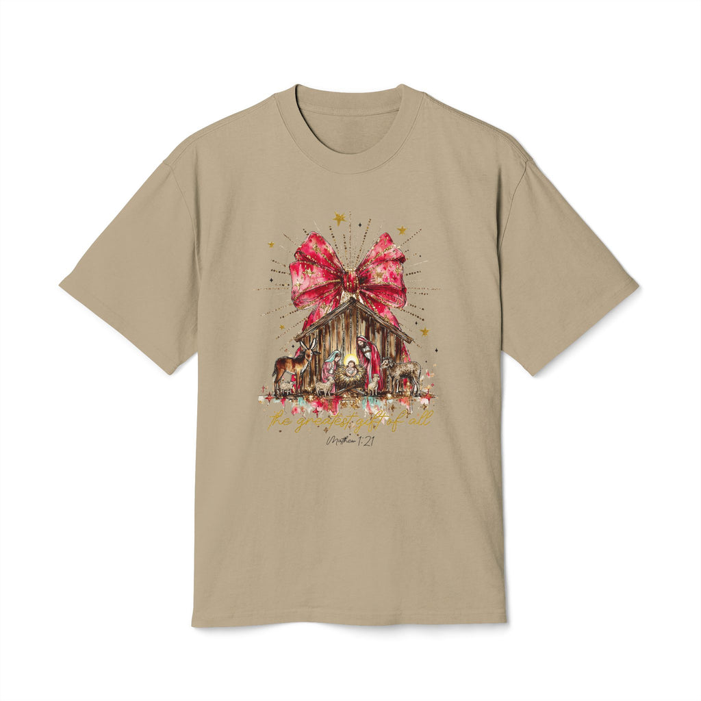 Christmas Nativity Tee  Rustic Manger with Red Bow Holiday T‑Shirt Christmas T-shirts and sweaters