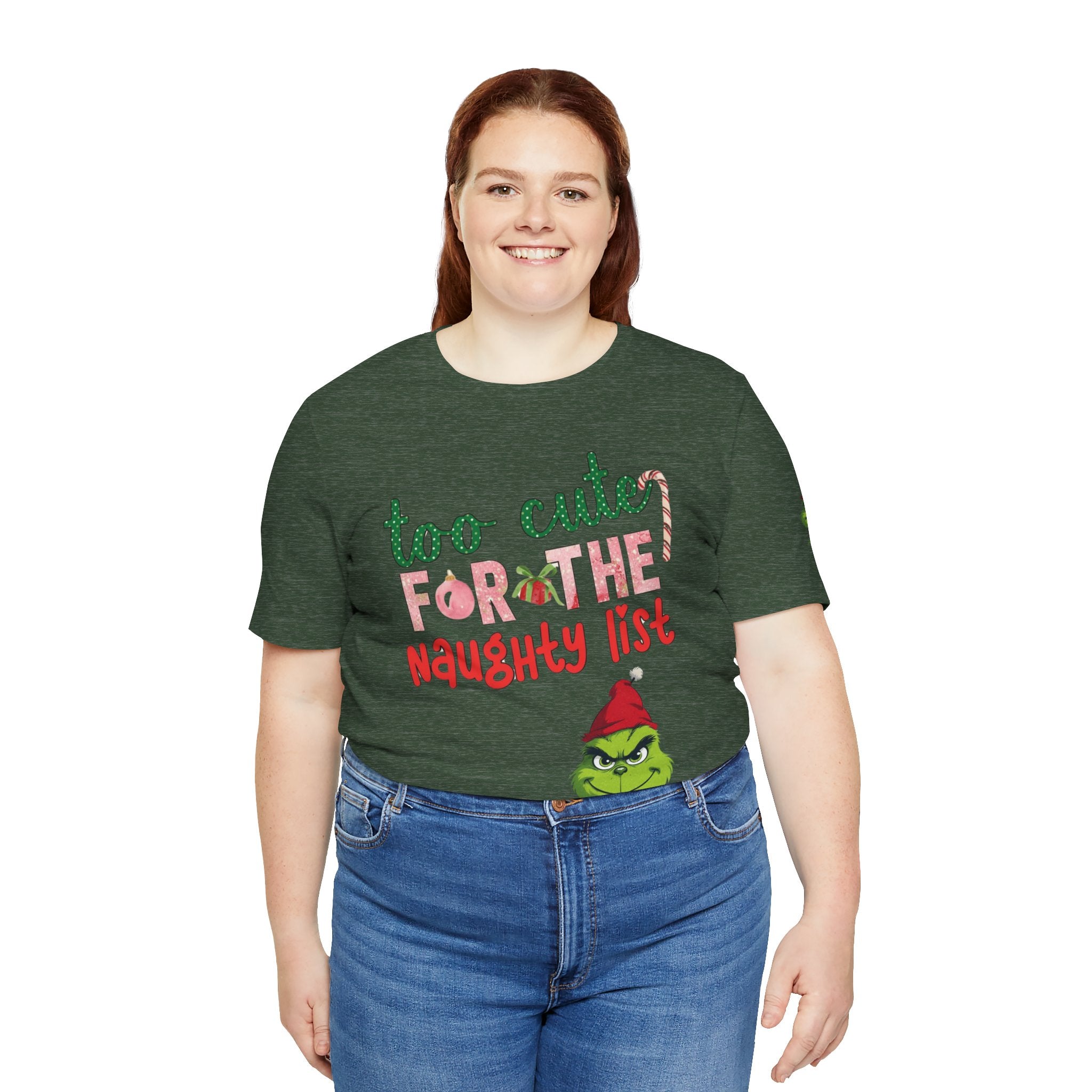 Christmas T-Shirts and Sweatshirts Collection Cute Grinch Holiday Tee 'Too Cute for the Naughty List' Unisex Jersey T-Shirt