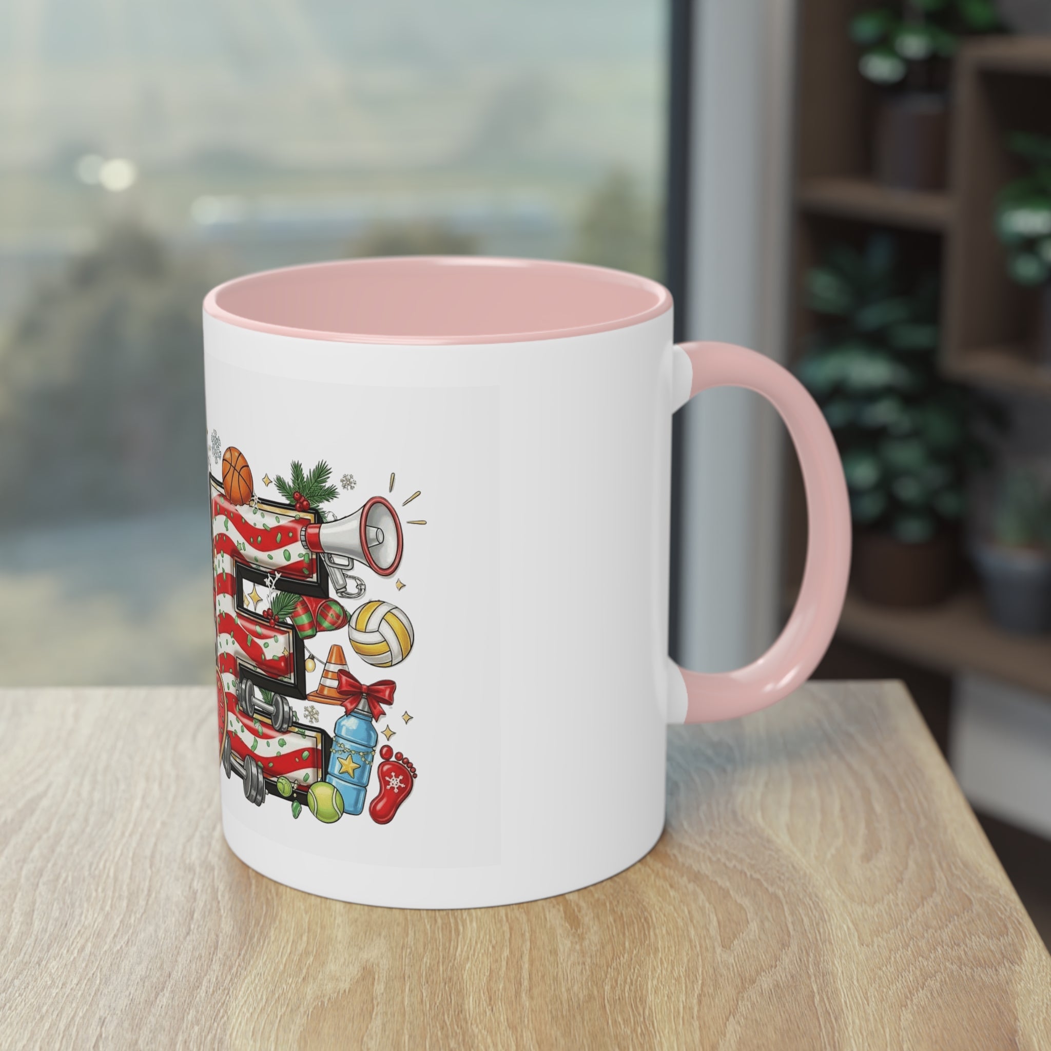 Holiday Sports Mom Coffee Mug Festive 'PE' Candy-Stripe Design, 11oz Two-Tone School Staff Christmas Mug Collection,