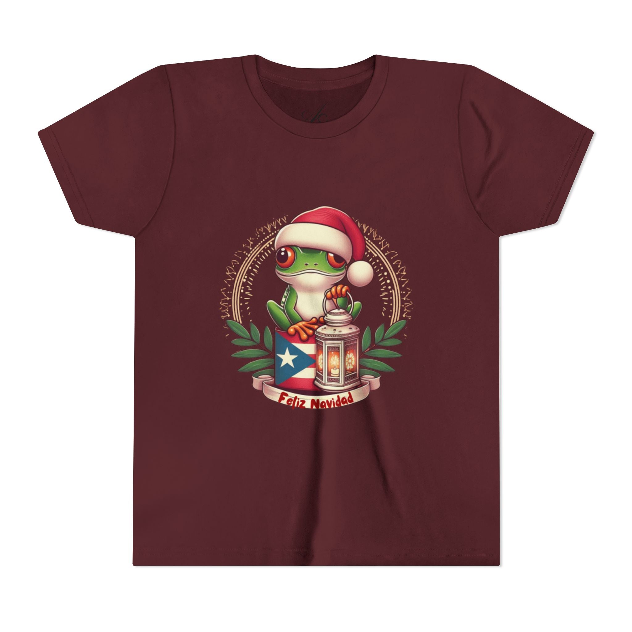 Kids Tee Cute Frog with Puerto Rican Flag & Lantern (Feliz Navidad)