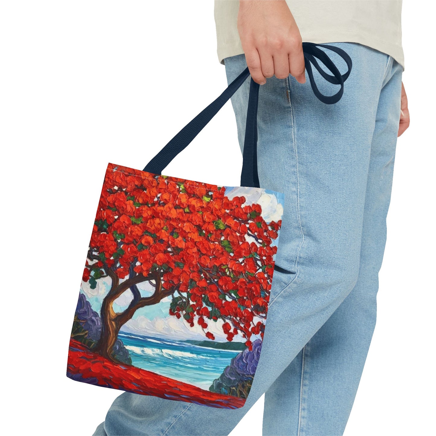 Red Blossom Beach Tote - Tropical Tree Art All-Over Print Tote Bag Crochet-Decorated Tote Bags