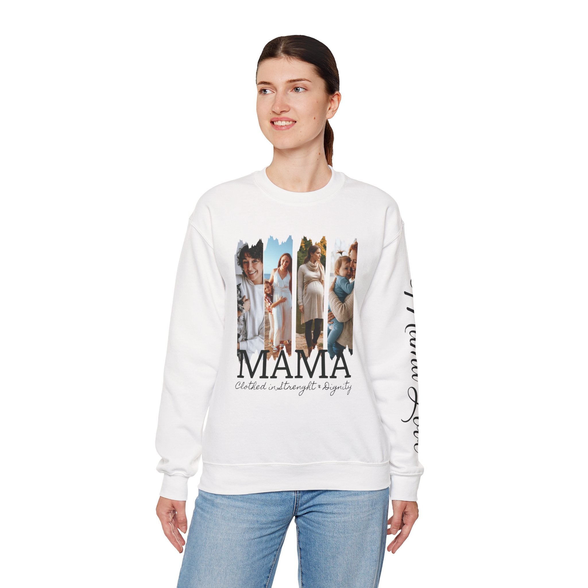 Mama Photo Collage Sweatshirt — "MAMA: clothed in strength & dignity" Sleeve Script