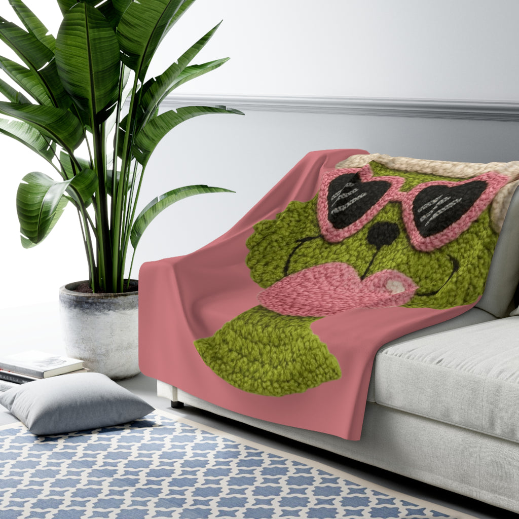 Magical Christmas Cartoon Blanket Grinch-Inspired Sherpa Fleece Blanket Cozy Holiday Plush Throw with Heart Sunglasses Design