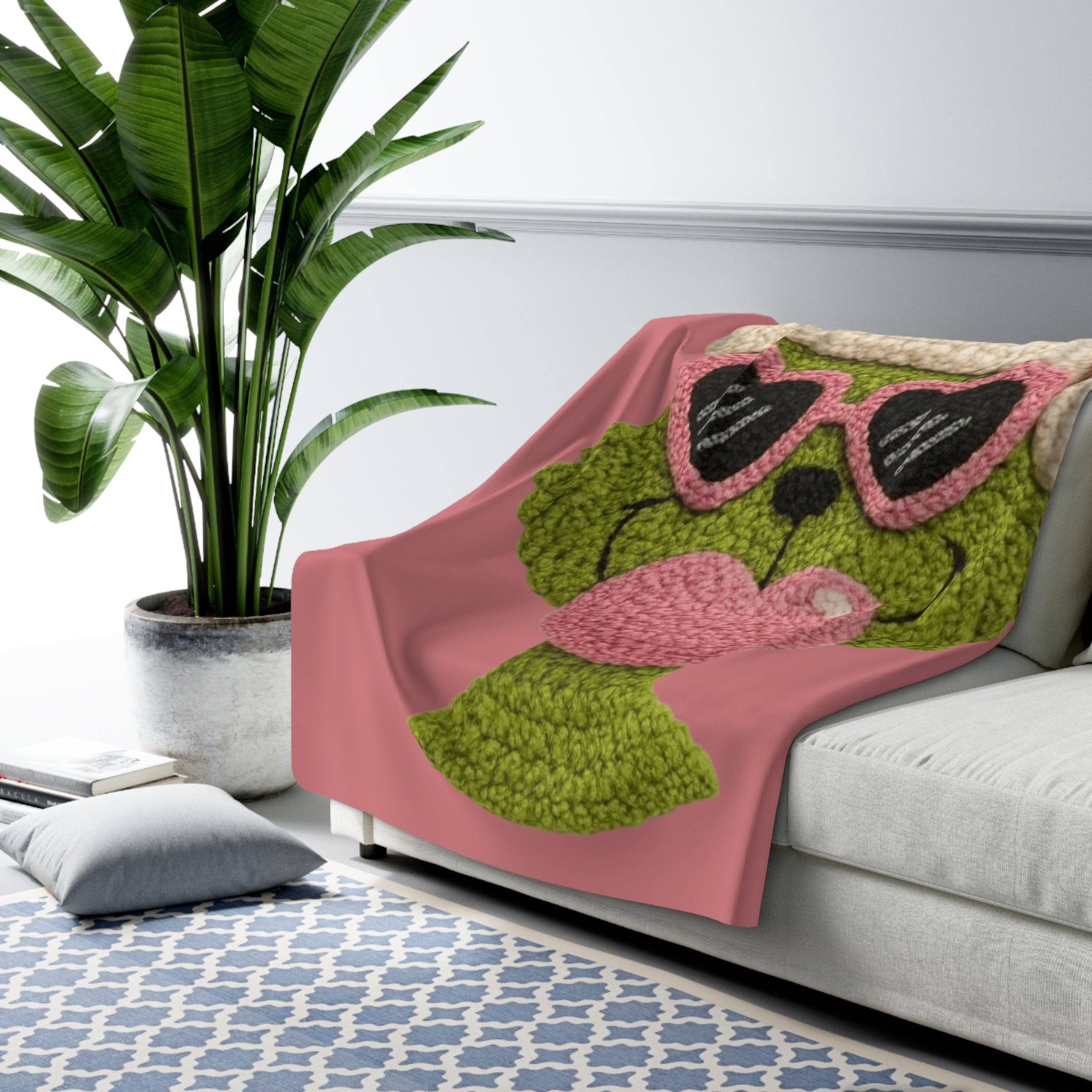 Magical Christmas Cartoon Blanket Grinch-Inspired Sherpa Fleece Blanket Cozy Holiday Plush Throw with Heart Sunglasses Design