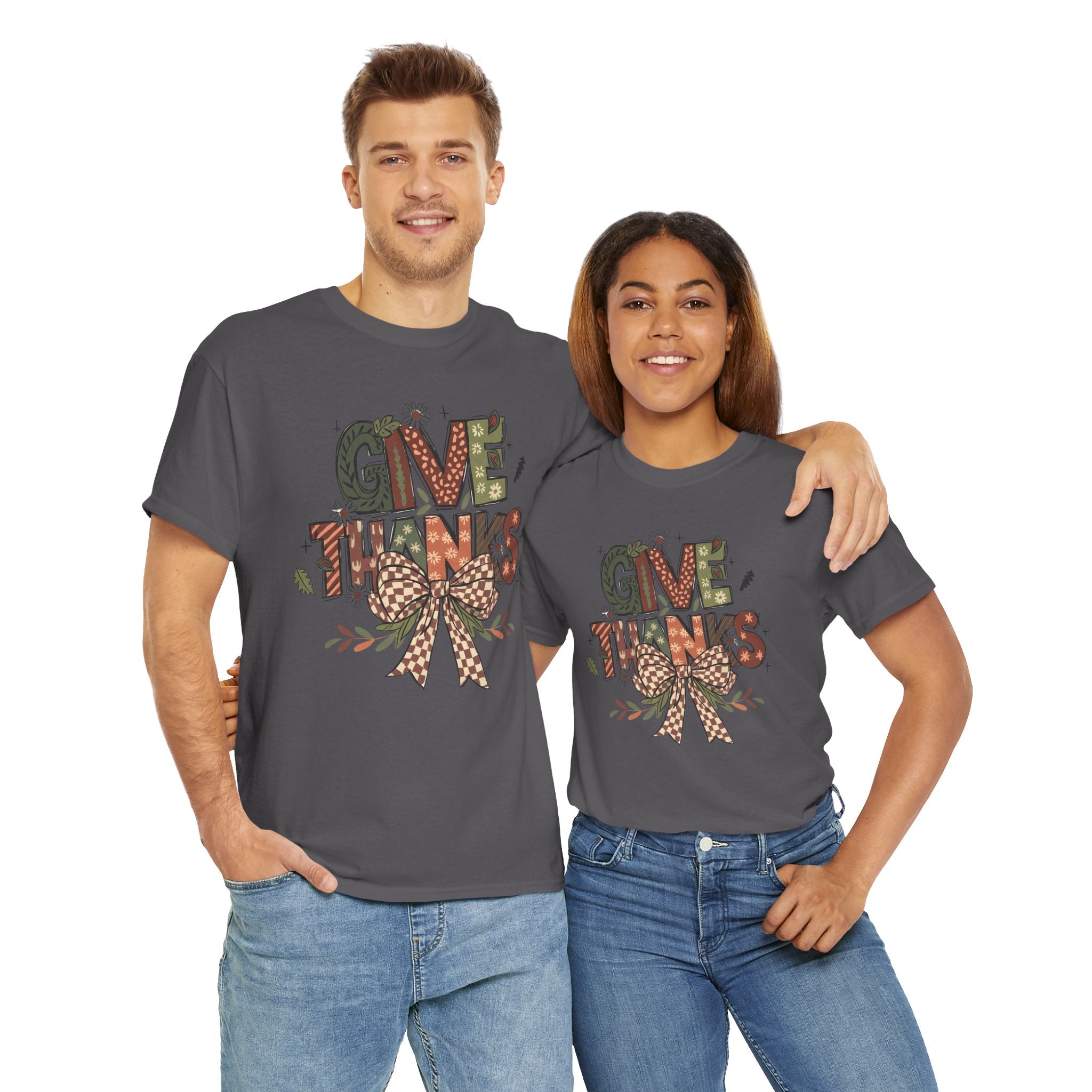 Give Thanks Tee Thanksgiving Graphic T-Shirt with Rustic Bow Design