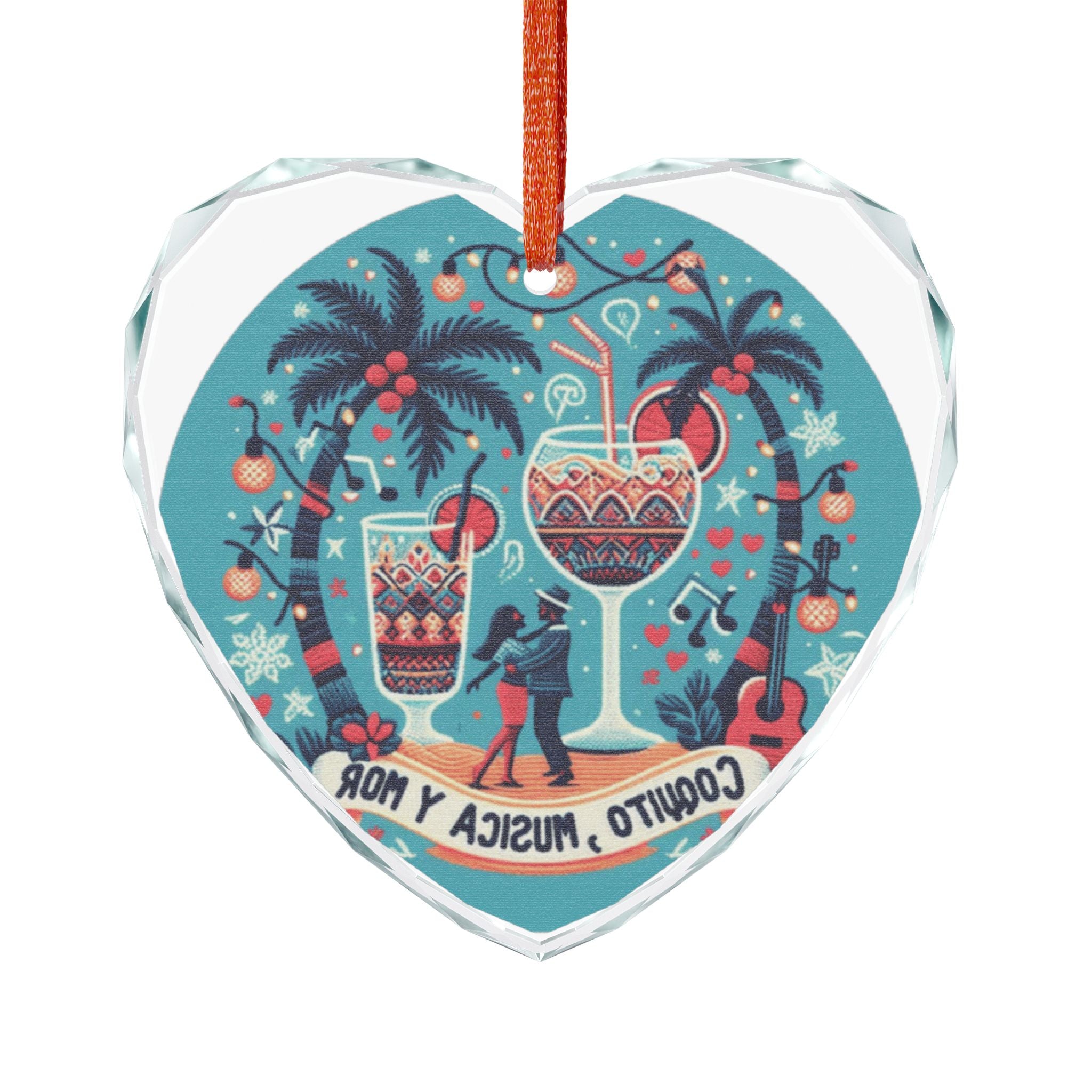 Puerto Rico Glass Ornaments Crystal Ornament "Coquito, Musica y Amor" Holiday Heart Decoration