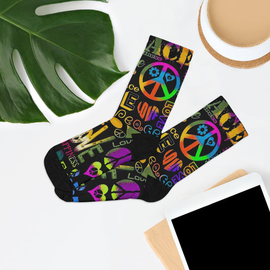 Retro Peace & Love Crew Socks – Colorful Hippie Symbols