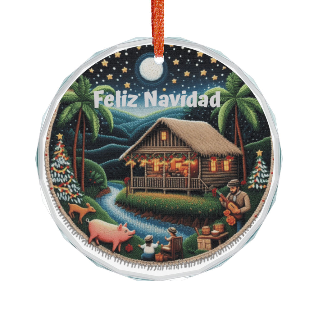 Feliz Navidad Tropical Cabin Crystal Ornament Handcrafted Glass Ball | Puerto Rican Christmas Decor