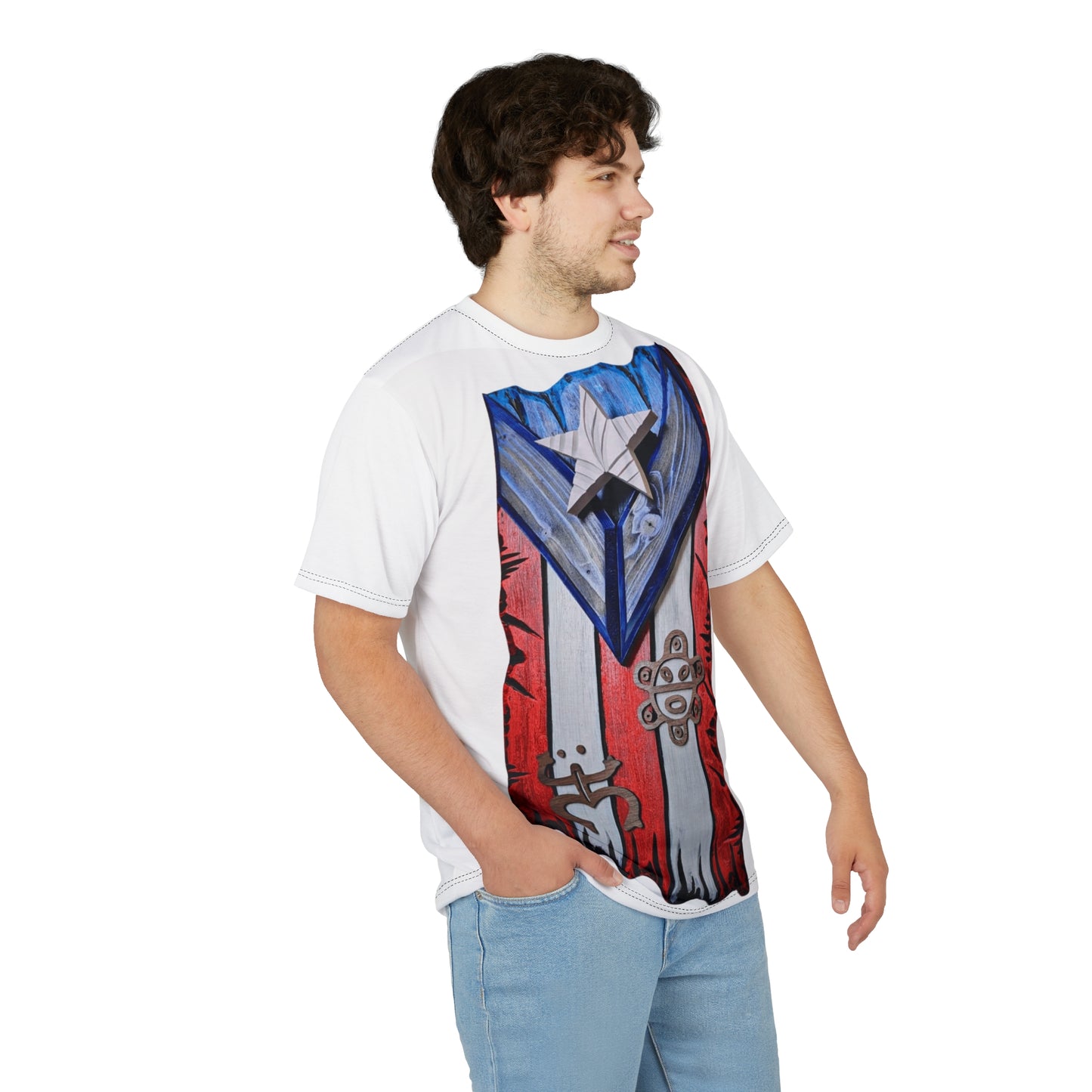 Puerto Rican Pride Unisex Cut & Sew Tee, AOP Boricua Flag Shirt, Vibrant Graphic Tee, Cultural Apparel, Boriken tee