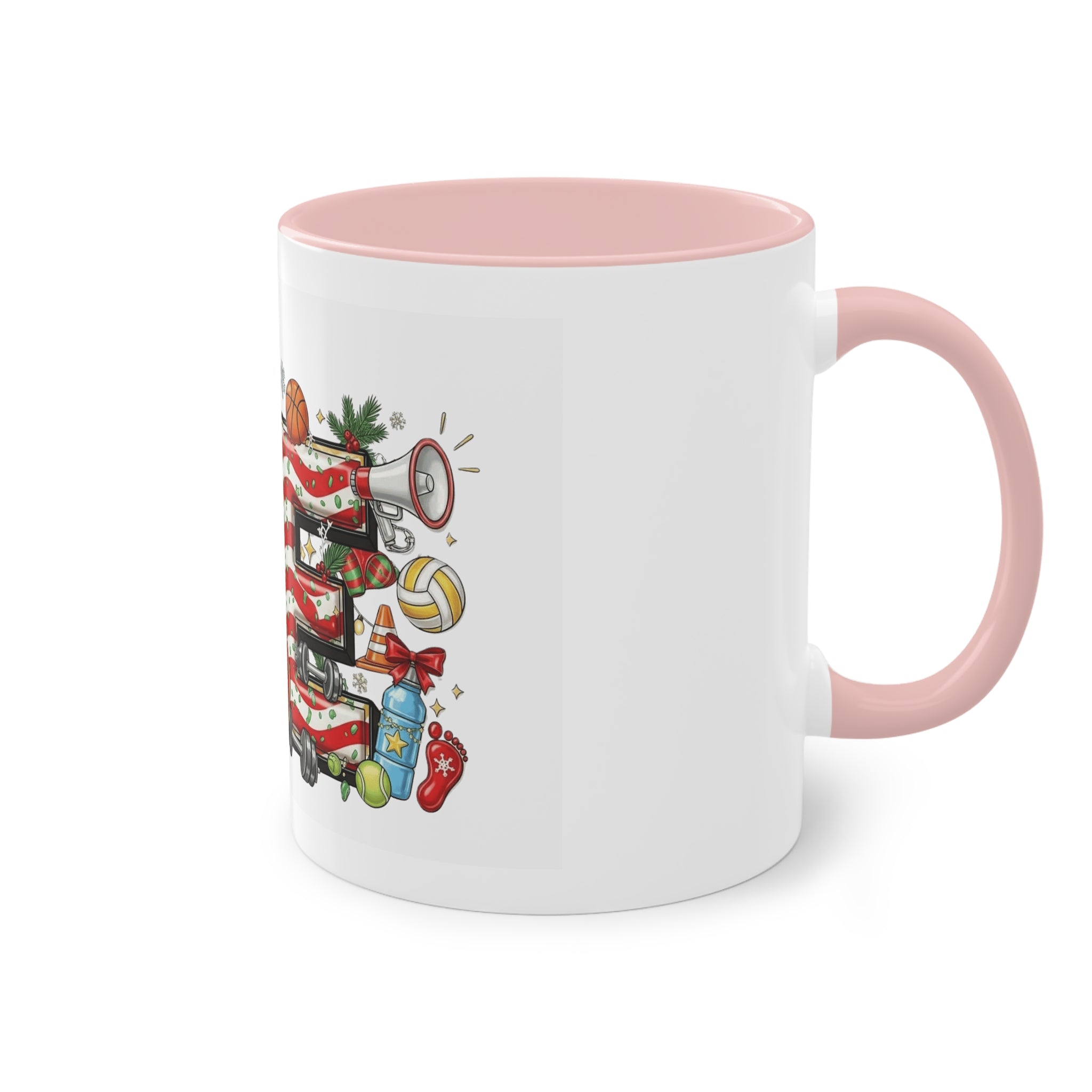 Holiday Sports Mom Coffee Mug Festive 'PE' Candy-Stripe Design, 11oz Two-Tone School Staff Christmas Mug Collection,