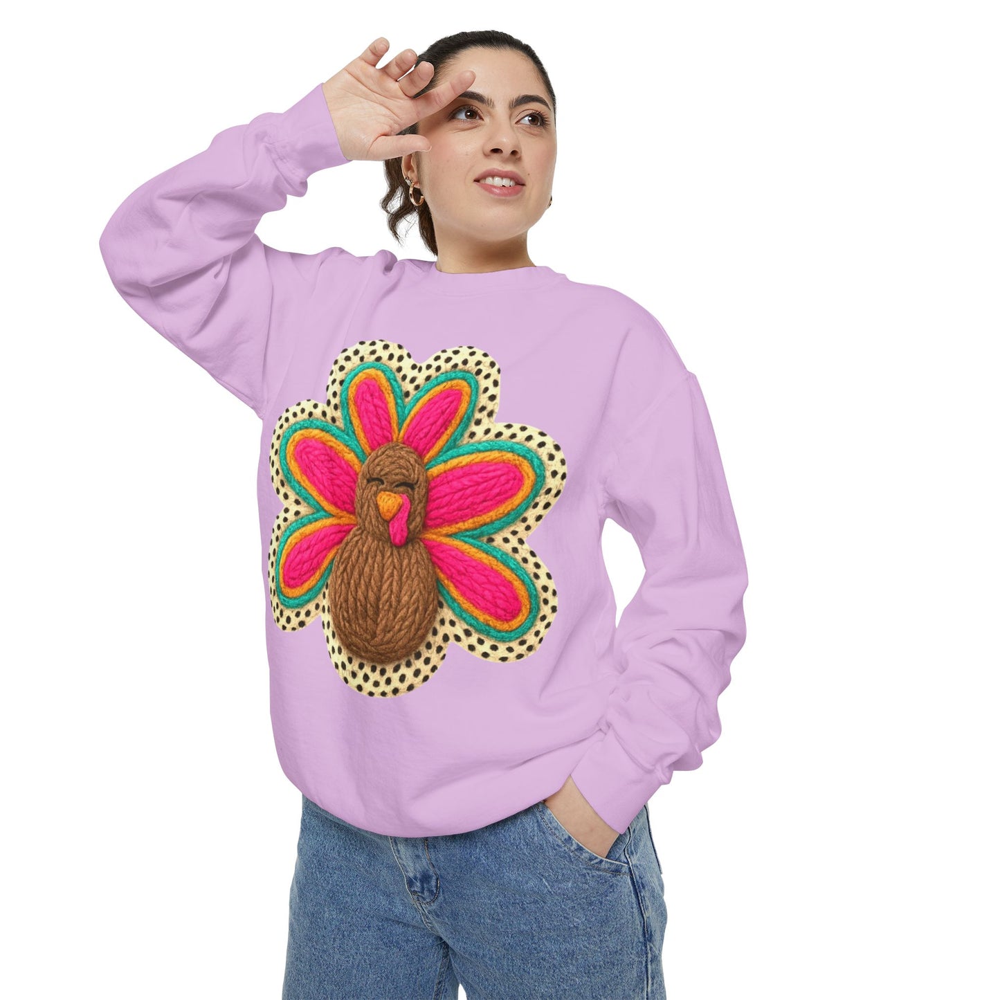 Festive Holiday Designs Turkey Patch Sweatshirt — Colorful Embroidered Thanksgiving Pullover