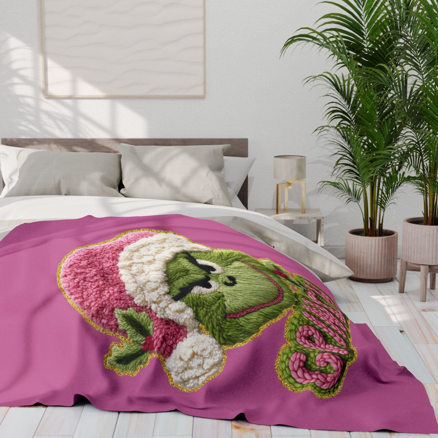 Holiday Christmas Blanket Grinch Holiday Fleece Blanket — Pink Santa Hat Cozy Throw