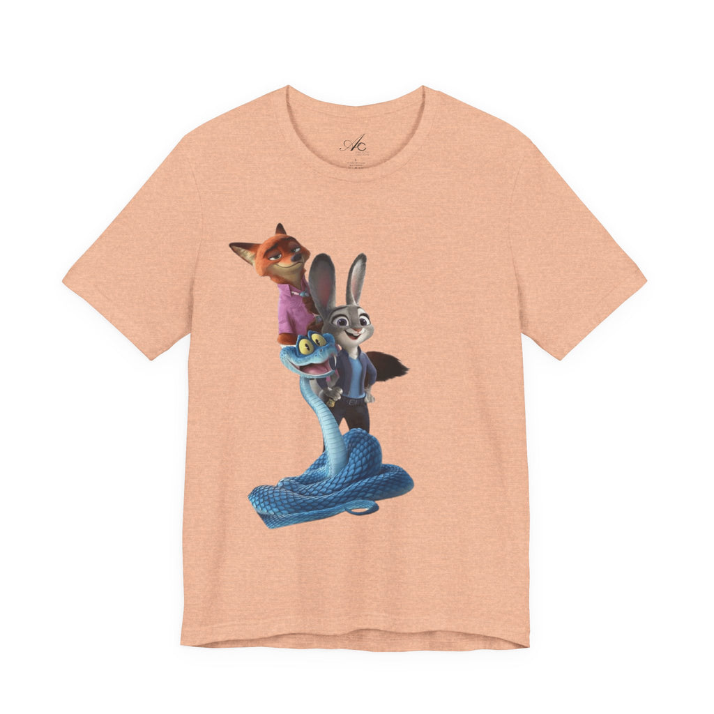 Animated Character Tee — Cute Fox & Bunny Stack Graphic T-Shirt  cartoon-style Christmas artwork