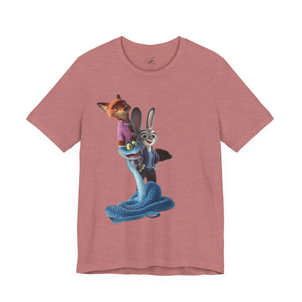 Animated Character Tee — Cute Fox & Bunny Stack Graphic T-Shirt  cartoon-style Christmas artwork