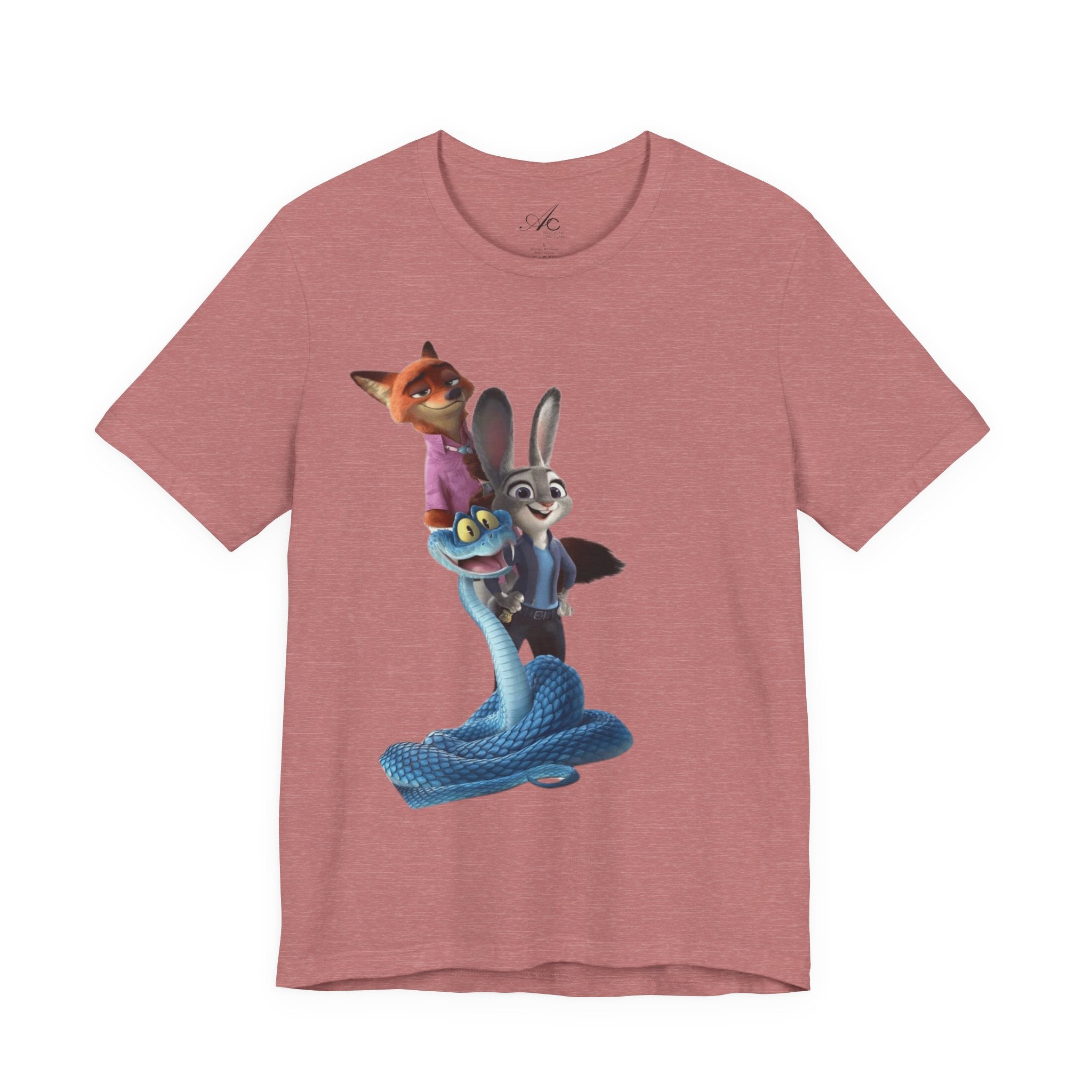 Animated Character Tee — Cute Fox & Bunny Stack Graphic T-Shirt  cartoon-style Christmas artwork
