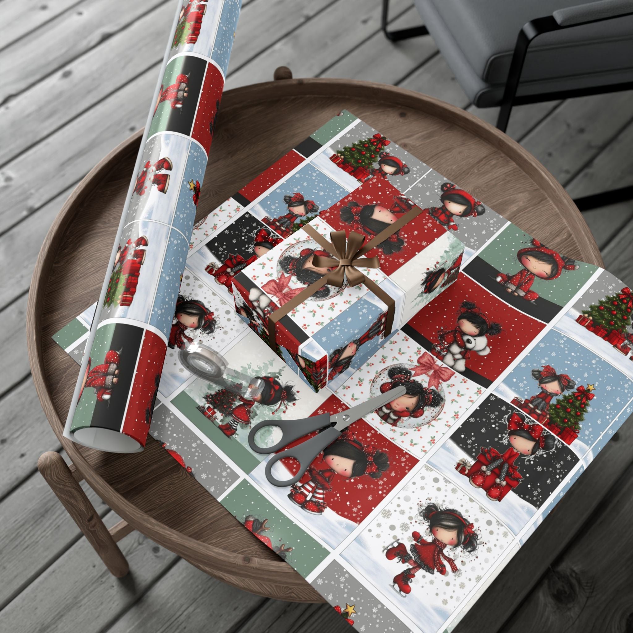 Festive Wrapping Paper Gift Wrap Papers - Cute Holiday Girl Patterned Wrapping Paper Rolls (Snow, Red Bows)