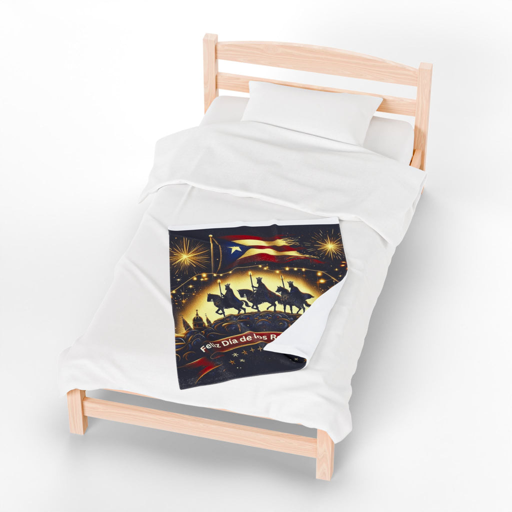 Velveteen Plush Blanket  Feliz Día de los Reyes Magos Puerto Rico Flag Holiday Throw