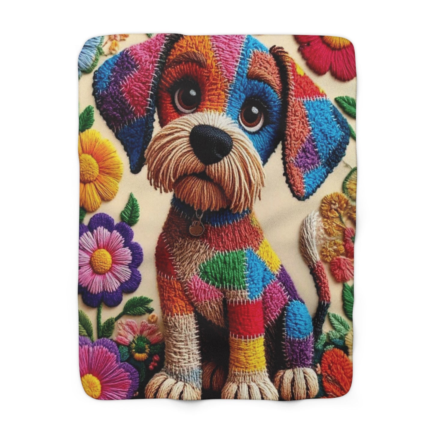Colorful Patchwork Puppy Sherpa Blanket – Cozy Floral Dog Fleece Throw