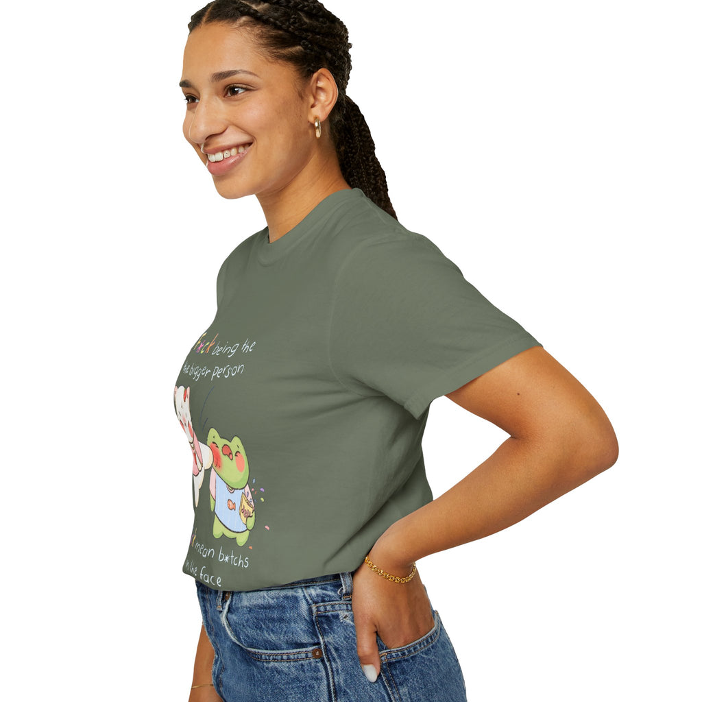 Graphic T-Shirt  Cute Kicking Cat & Frog with 'F*ck Being The Bigger Person' Slogan