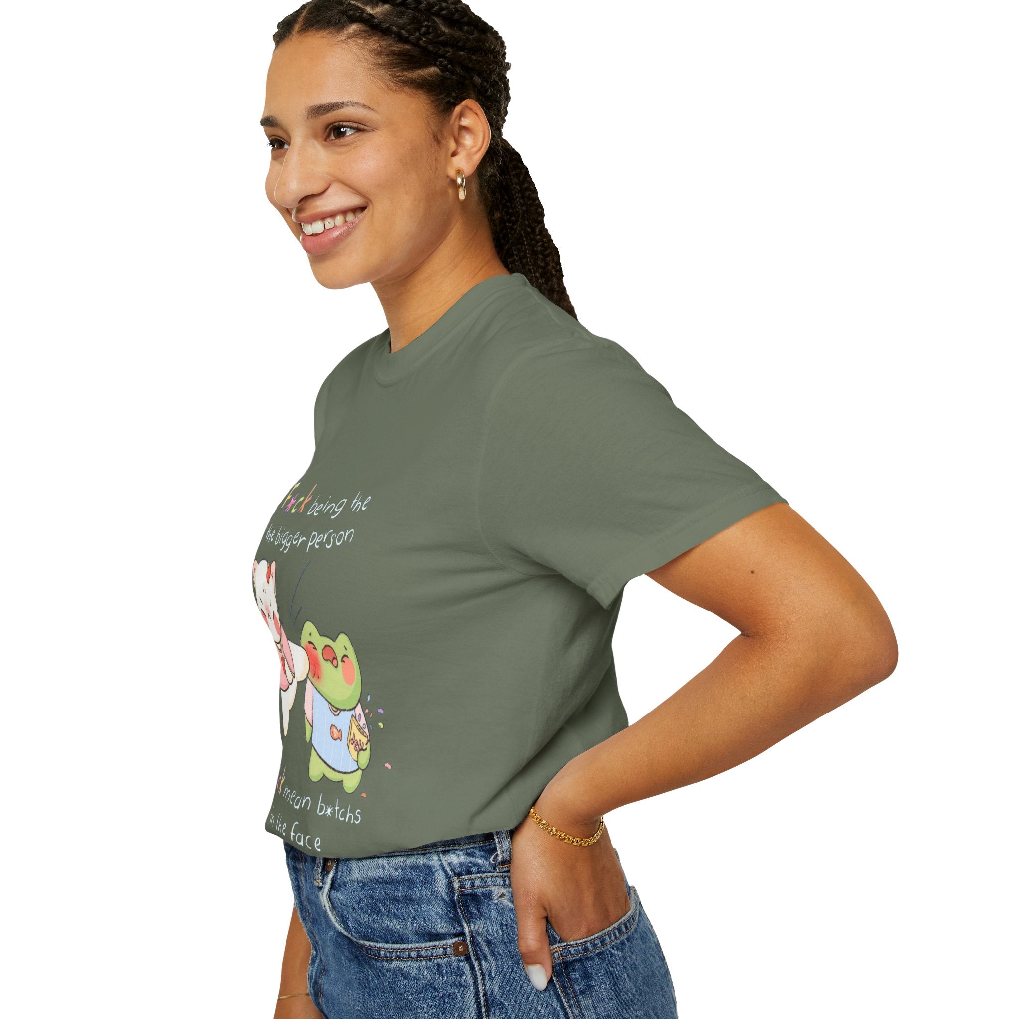 Graphic T-Shirt  Cute Kicking Cat & Frog with 'F*ck Being The Bigger Person' Slogan