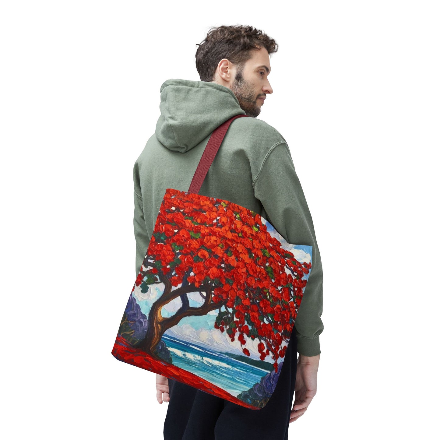 Red Blossom Beach Tote - Tropical Tree Art All-Over Print Tote Bag Crochet-Decorated Tote Bags