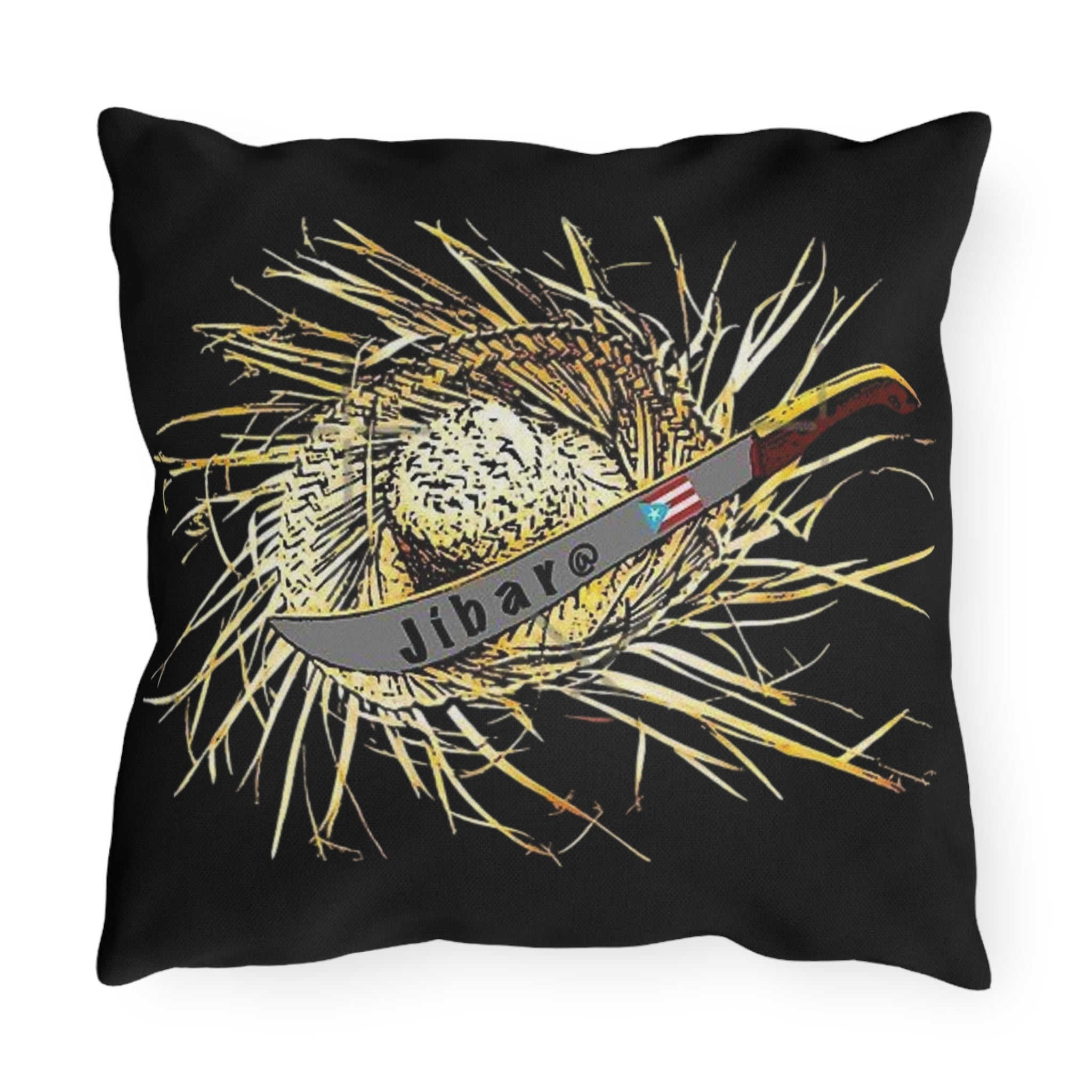 Puerto Rico Culture Pillow Outdoor Pillow – Rustic Straw Hat & Machete Design (Jibaro)