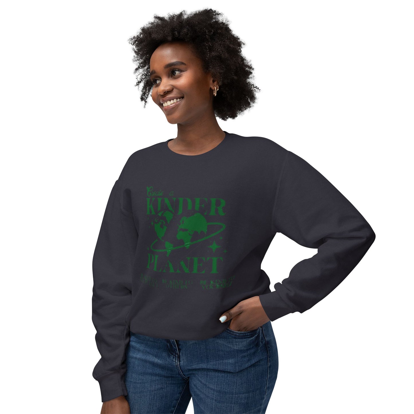 Kinder Planet Crewneck Sweatshirt Eco-Friendly Earth Day Graphic Pullover