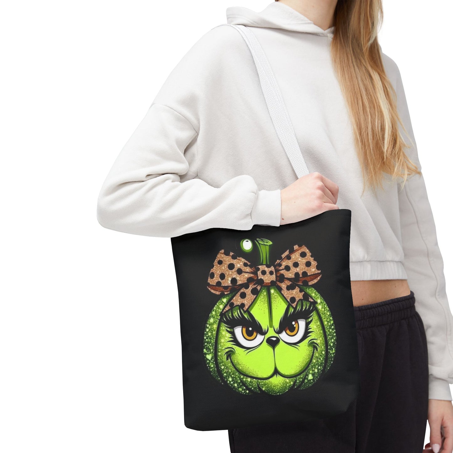 Grinch-Inspired Tote Bag with Polka Dot Bow Christmas Tote Bag Festive Holiday Design