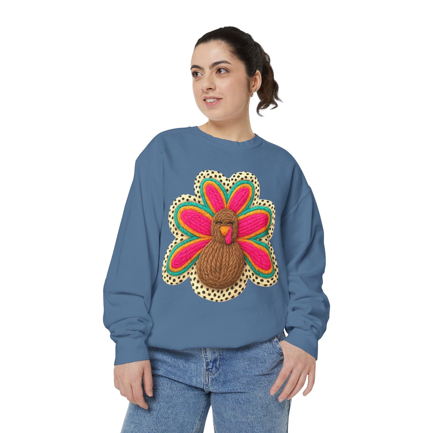 Festive Holiday Designs Turkey Patch Sweatshirt — Colorful Embroidered Thanksgiving Pullover