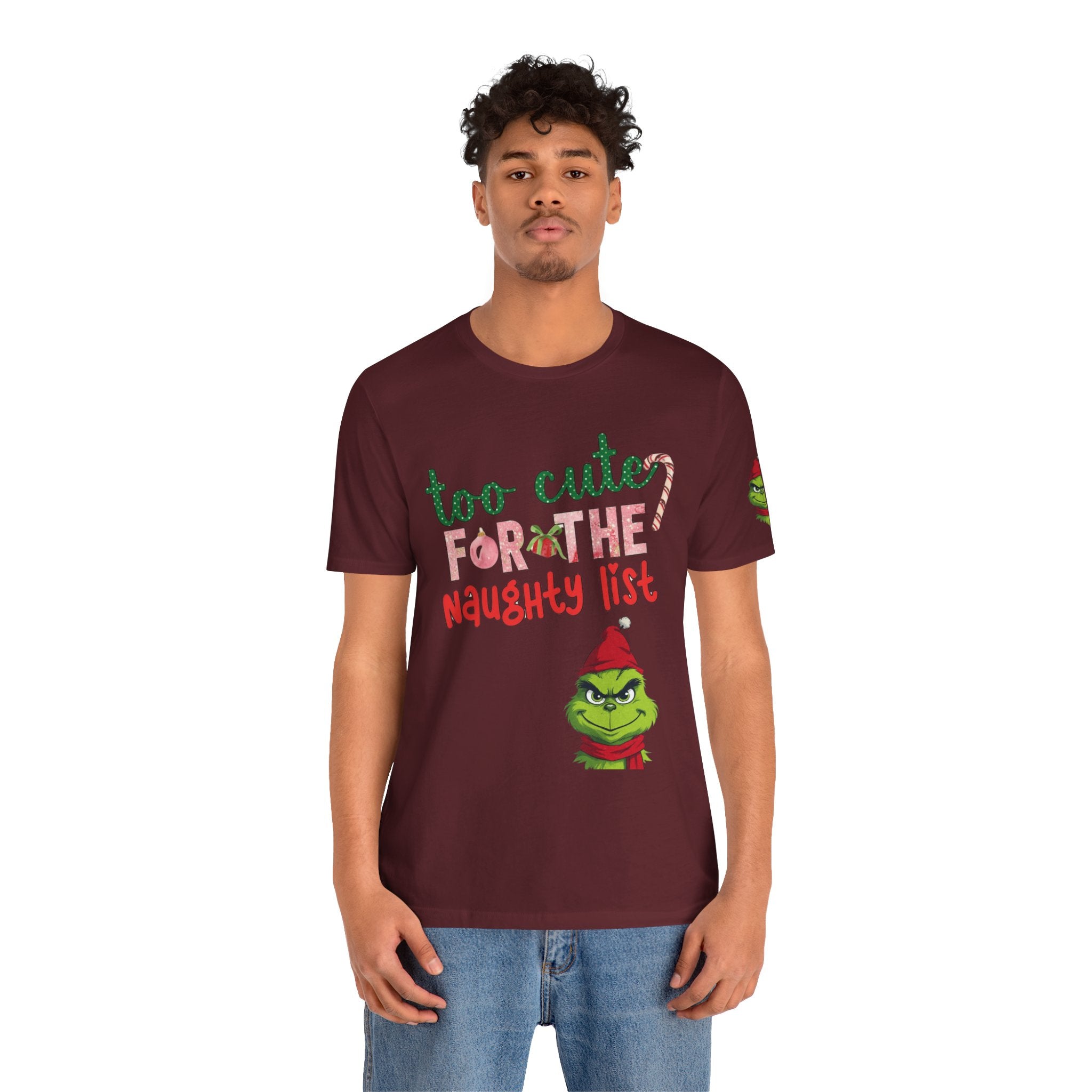 Christmas T-Shirts and Sweatshirts Collection Cute Grinch Holiday Tee 'Too Cute for the Naughty List' Unisex Jersey T-Shirt