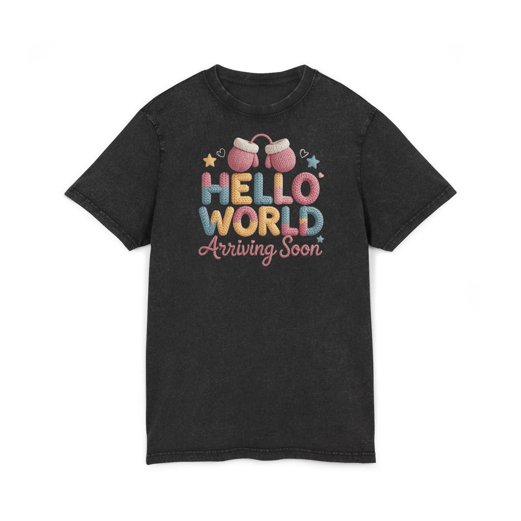 Hello World "Arriving Soon" Acid Wash Baby Announcement Tee
