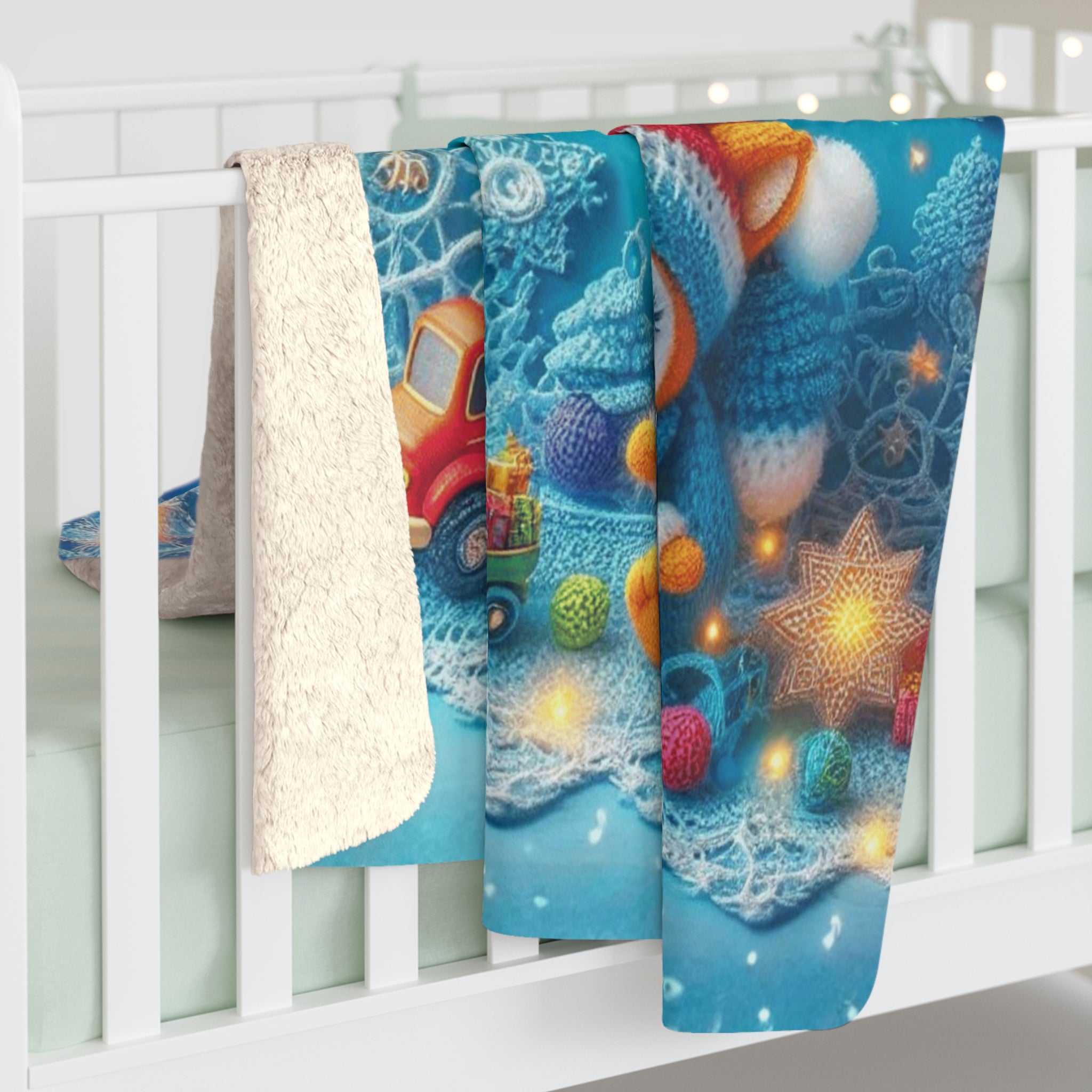 Cute Fox Holiday Sherpa Blanket  Moon & Snowflake Cozy Throw for Kids