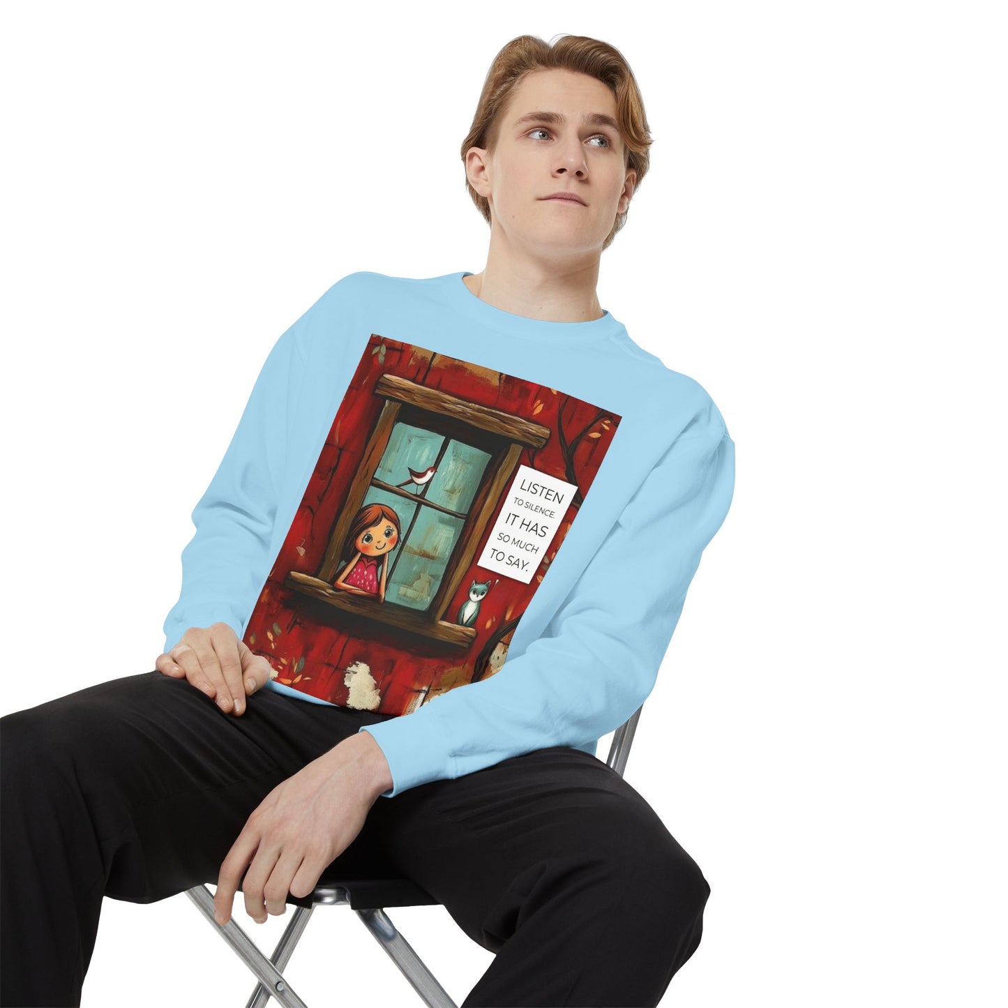 Cozy Window Scene Sweatshirt  "Listen, It Has So Much to Say" Graphic